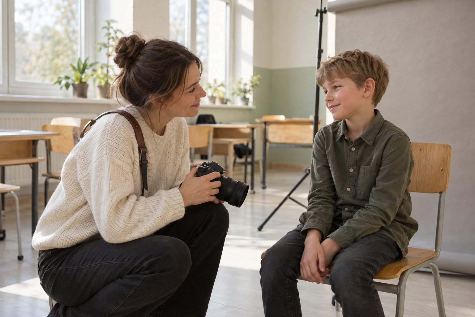 Fotogrāfs sarunājas ar skolēnu pirms portreta uzņemšanas.