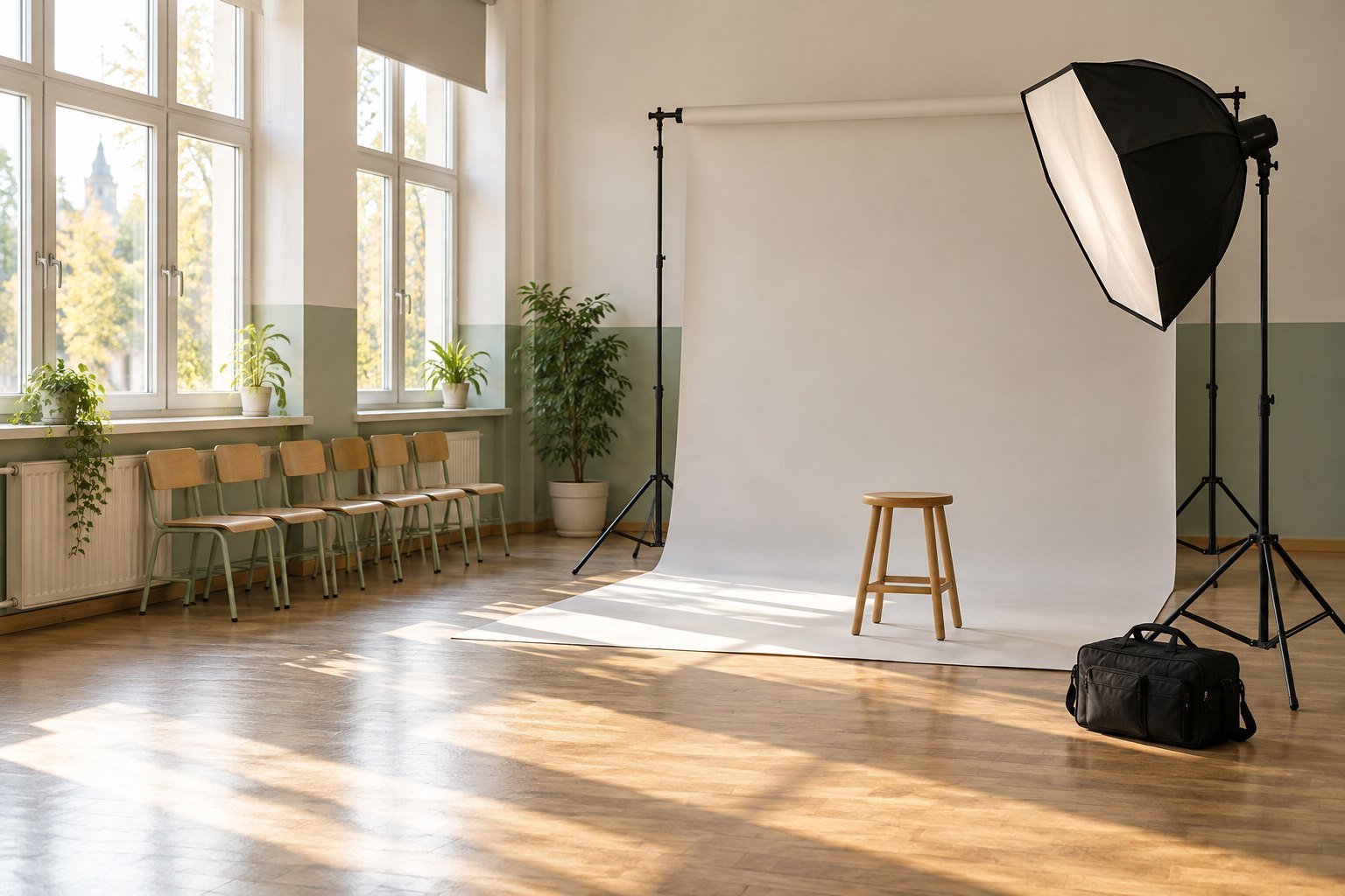 Fotografēšanai sagatavota telpa skolā.